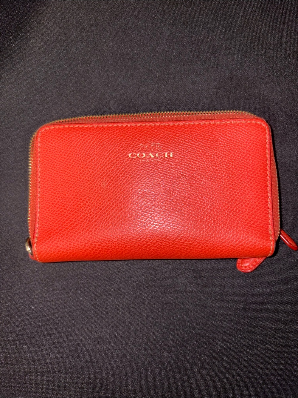 COACH Red Pebbled Leather Zip Wallet with Gold Logo